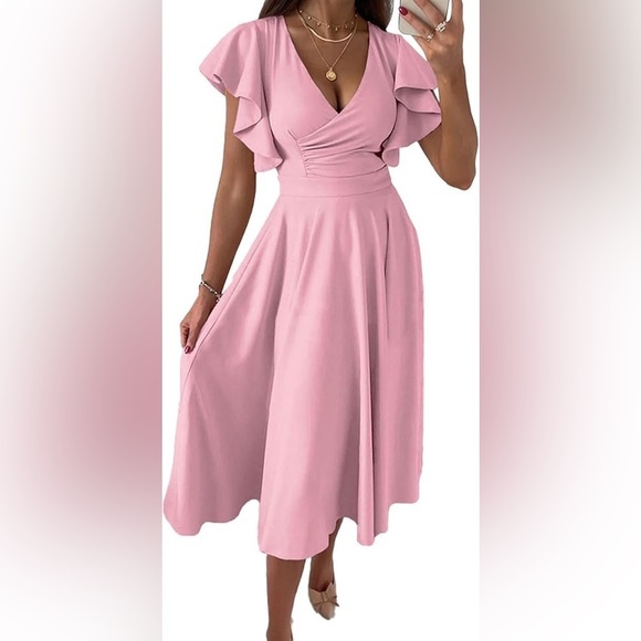 PRETTYGARDEN Pink Flowy Wrap Dress | Midi Length, V-Neck, Fit & Flare - Picture 1 of 6